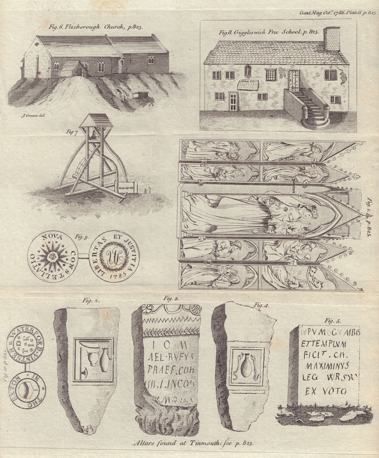 Tynemouth altar. Flixborough Church. Giggleswick Free School. USA coin 1785 1786